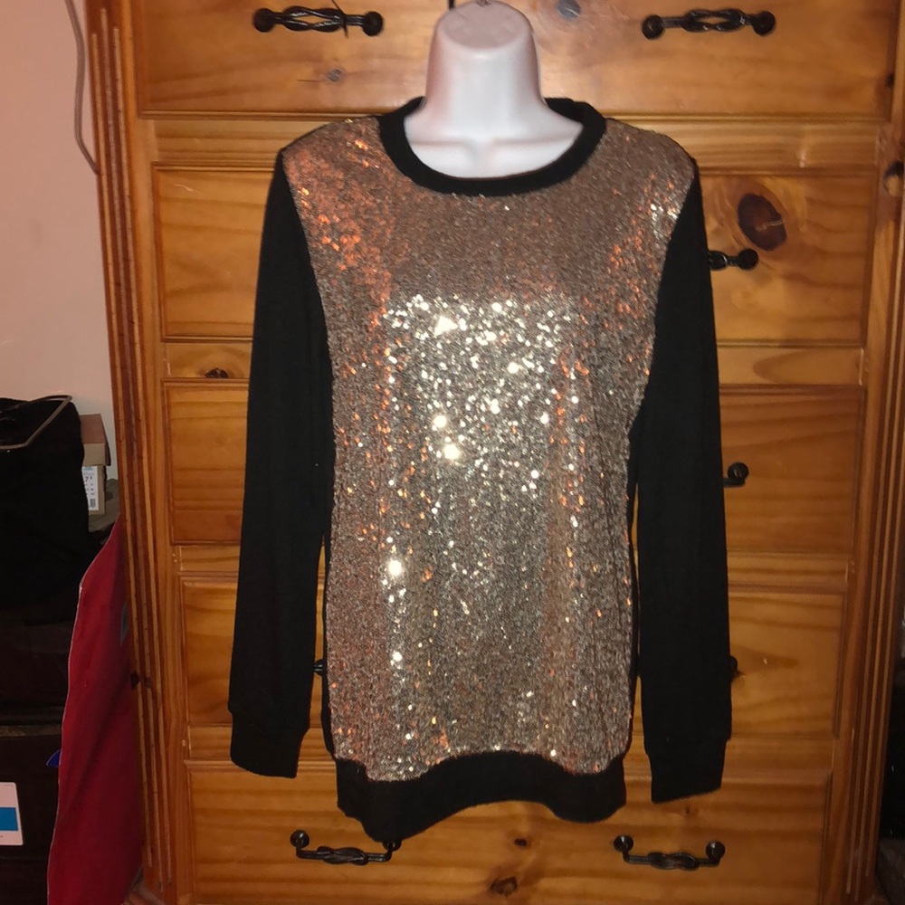 Black sweater with gold sequin front. Sparkle!